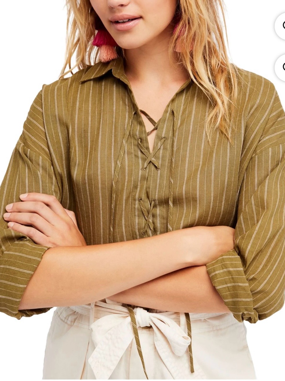 Free People Olive Stripe Lace-Up Tunic